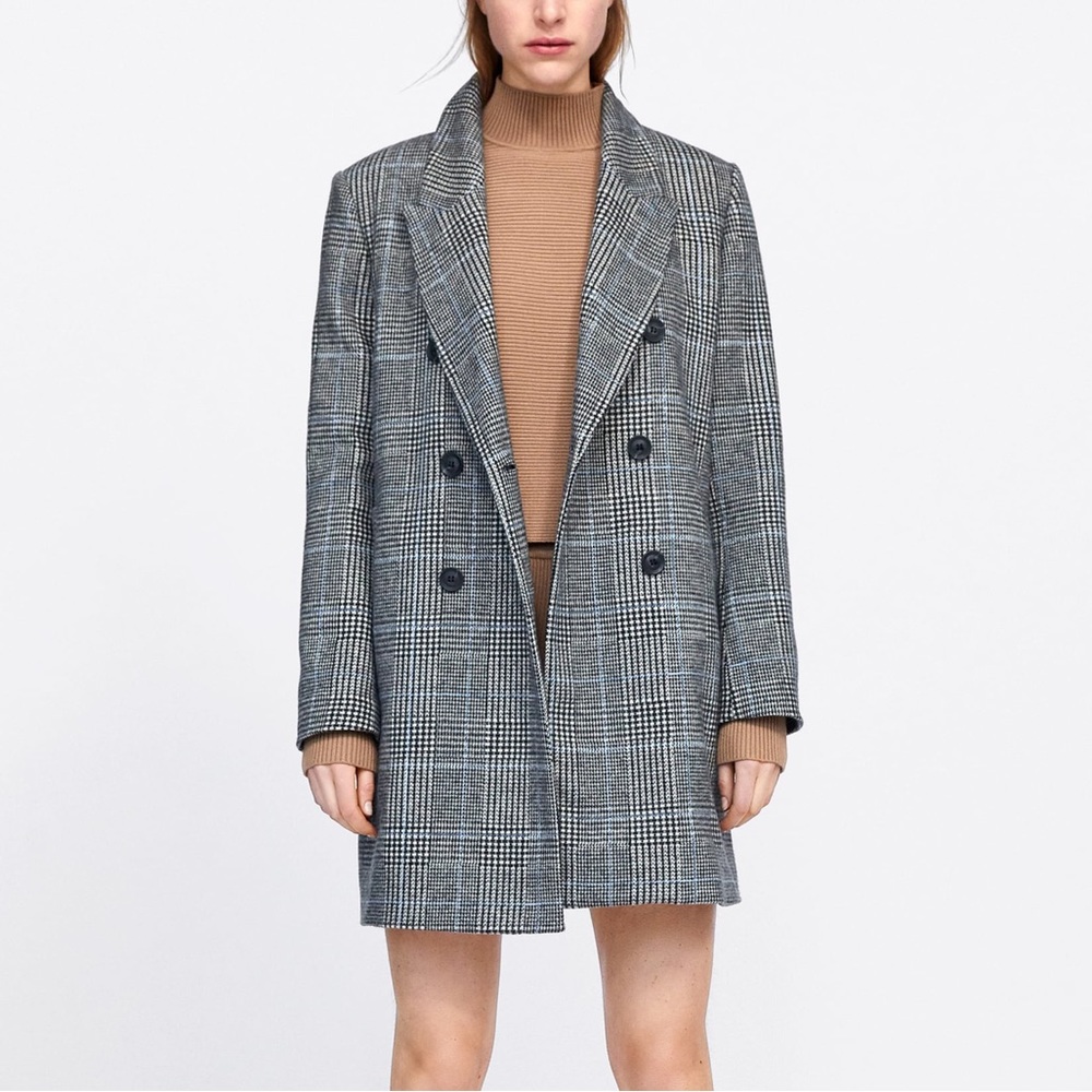 ZARA Gray & Blue Checkered Plaid Houndstooth Double Breasted Soft Faux Wool Coat - Picture 8 of 11